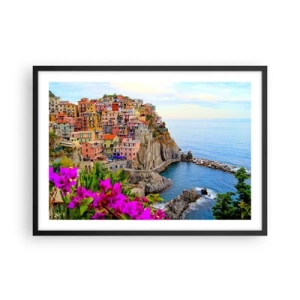 Poster in cornice nera - Case colorate su una scogliera a picco sul mare in un paesaggio pittoresco - 70x50cm - La città che ride - Decorazione murale moderna per soggiorno e camera da letto ARTTOR