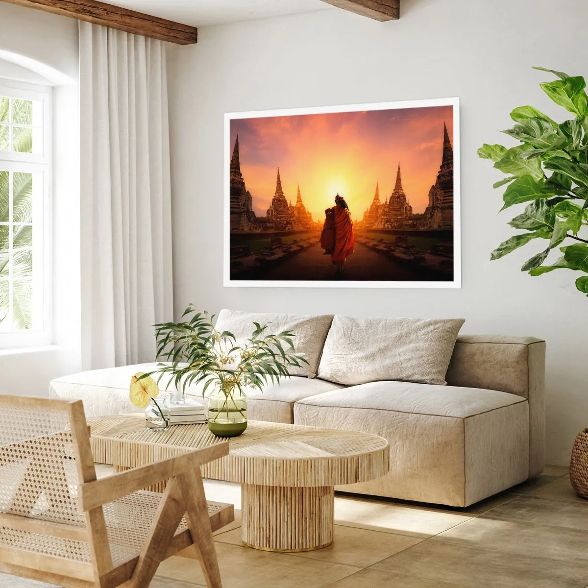 Poster - Un monaco tra i templi al tramonto - 100x70cm - In pace per l'eternità - Decorazione murale moderna per soggiorno e camera da letto ARTTOR
