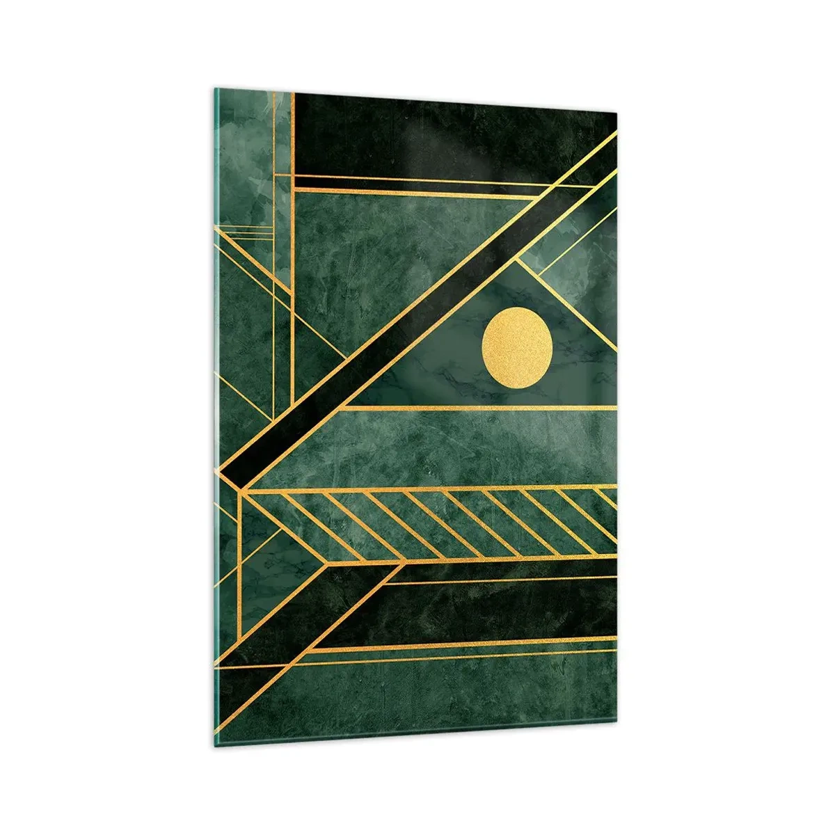 Quadro su vetro - Design geometrico verde e oro con un motivo elegante - 80x120cm - Dinamica di oro e azzurro - Decorazione murale moderna per soggiorno e camera da letto ARTTOR