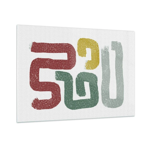 Quadro su vetro - Segni astratti colorati su sfondo bianco - 100x70cm - In una lingua sconosciuta - Decorazione murale moderna per soggiorno e camera da letto ARTTOR