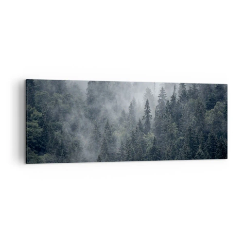 Quadro su tela - Stampe su Tela - Foresta di conifere nebbiosa nei toni del grigio e del verde - 140x50cm - Alba nel bosco - Decorazione murale moderna per soggiorno e camera da letto ARTTOR