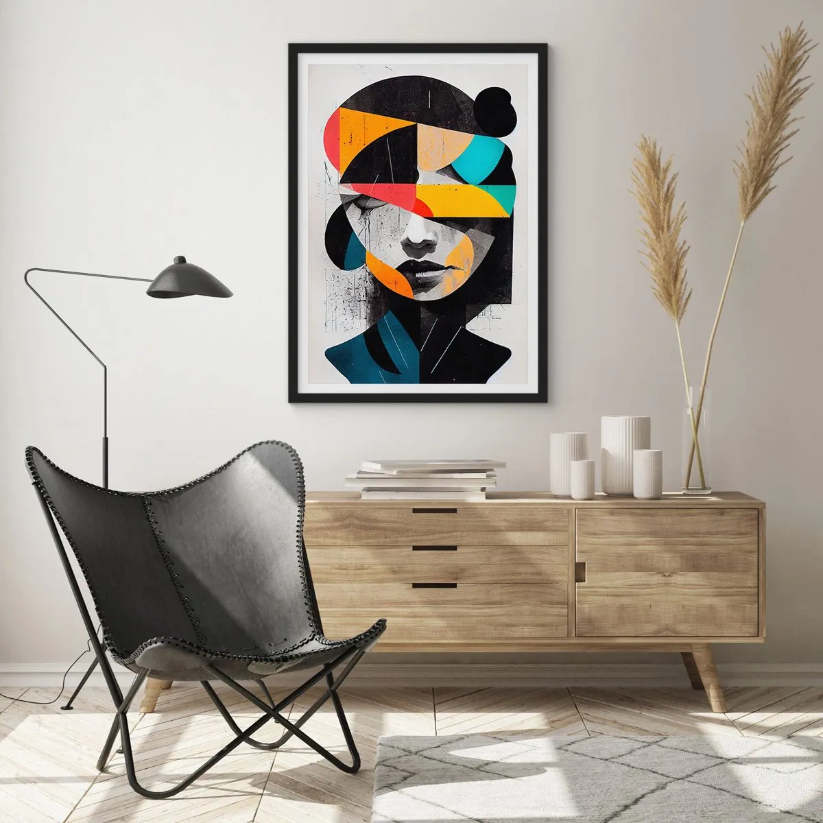 Poster in cornice nera - Ritratto d'interni, ritratto astratto stilizzato multicolore di una donna - 50x70cm - Ritratto interiore multicolore - Decorazione murale moderna per soggiorno e camera da letto ARTTOR