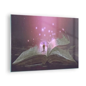 Quadro su vetro - Un libro aperto da cui fluttuano luci e stelle magiche - 70x50cm - Invito ad un altro mondo: leggi! - Decorazione murale moderna per soggiorno e camera da letto ARTTOR