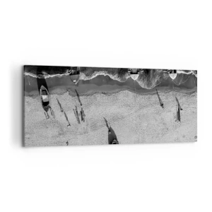 Quadro su tela - Stampe su Tela - Vista aerea in bianco e nero delle barche sulla spiaggia - 120x50cm - Ancora sulla riva... - Decorazione murale moderna per soggiorno e camera da letto ARTTOR