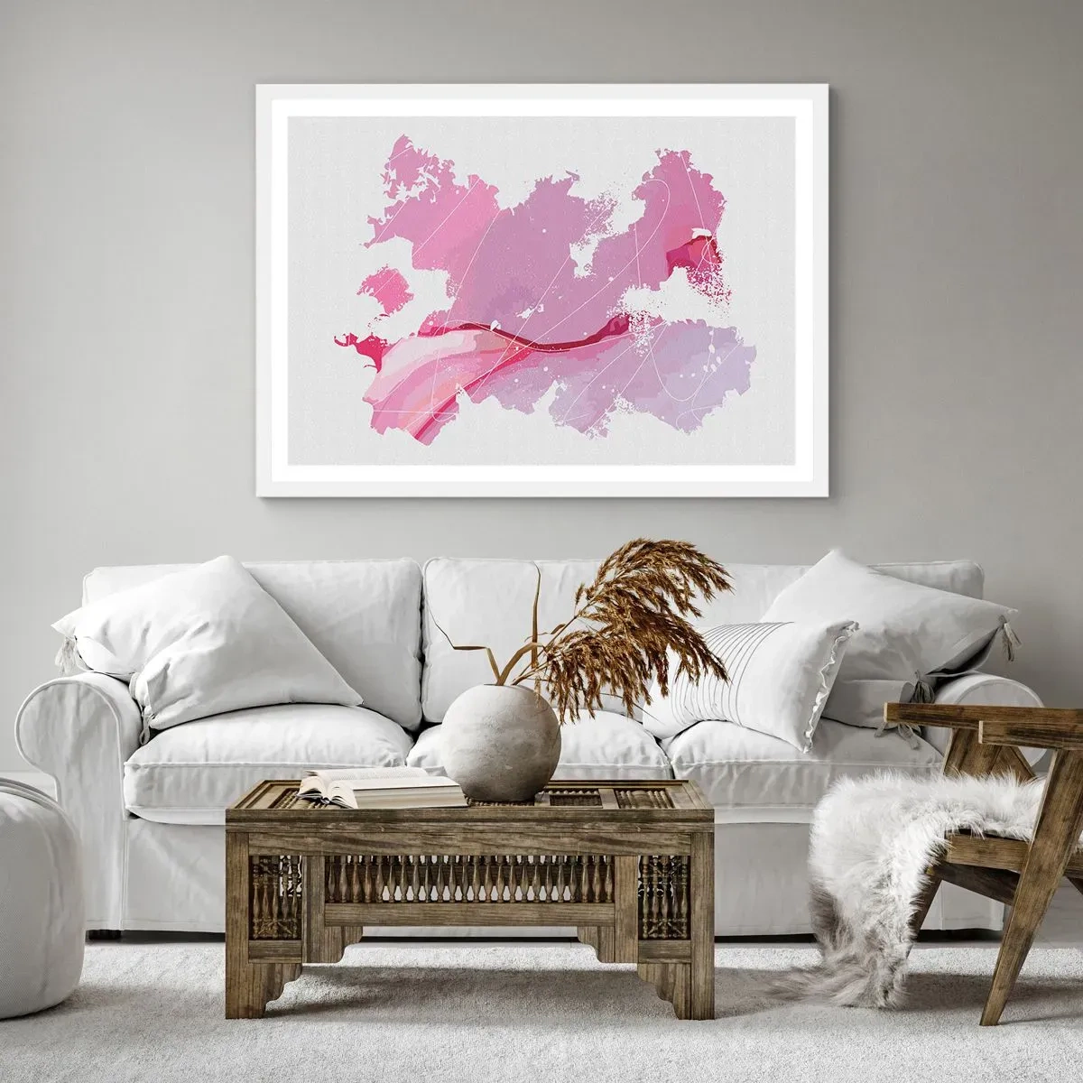 Poster in cornice bianca - Mappa del mondo rosa - 100x70 cm