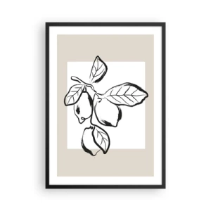 Poster in cornice nera - Un'illustrazione minimalista di un ramo di limone in stile bianco e nero. - 50x70cm - Dove i limoni maturano... - Decorazione murale moderna per soggiorno e camera da letto ARTTOR