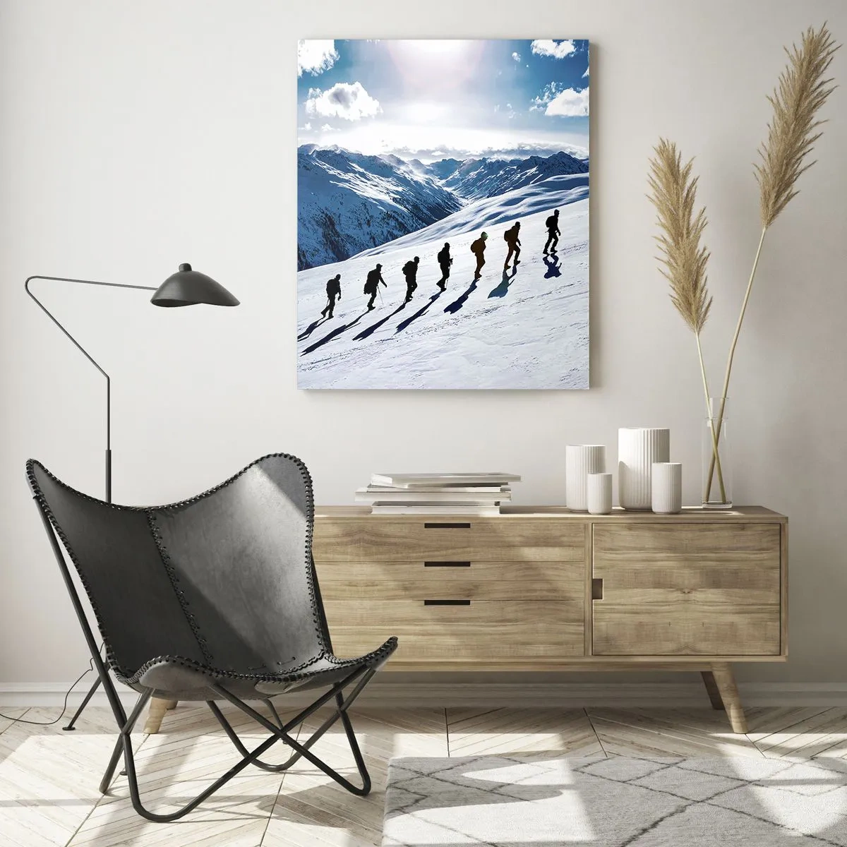 Quadro su vetro - Un gruppo di alpinisti che scalano un pendio innevato - 70x100cm - La squadra dei conquistatori - Decorazione murale moderna per soggiorno e camera da letto ARTTOR