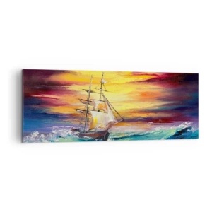 Quadro su tela - Stampe su Tela - Una nave a vela sullo sfondo di un tramonto colorato - 140x50cm - Temerari sulle onde - Decorazione murale moderna per soggiorno e camera da letto ARTTOR