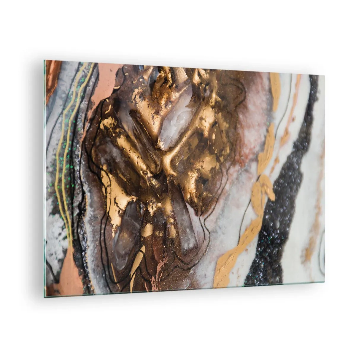 Quadro su vetro - Un dipinto astratto nei toni dell'oro, del marrone e del bianco, con una consistenza simile a quella minerale. - 70x50cm - L'elemento della terra - Decorazione murale moderna per soggiorno e camera da letto ARTTOR