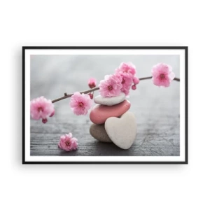 Poster in cornice nera - Delicati fiori di ciliegio con pietre a forma di cuore - 100x70cm - Serenità con fiori di ciliegio - Decorazione murale moderna per soggiorno e camera da letto ARTTOR