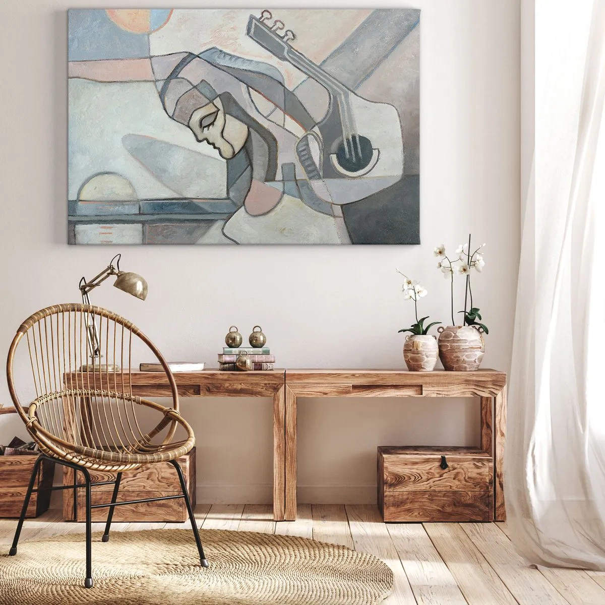 Quadro su tela - Stampe su Tela - Una figura astratta con una chitarra in colori pastello. - 100x70cm - Nel dominio della musica - Decorazione murale moderna per soggiorno e camera da letto ARTTOR