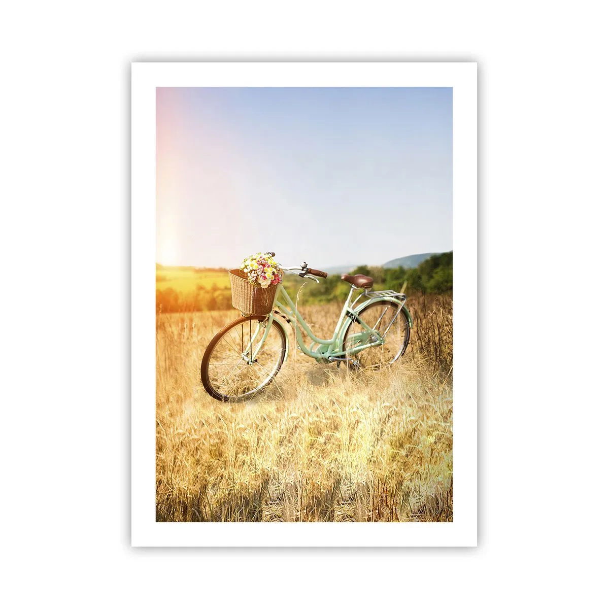 Poster - Una bicicletta con un cestino pieno di fiori in un prato - 50x70cm - Resto qui un attimo - Decorazione murale moderna per soggiorno e camera da letto ARTTOR