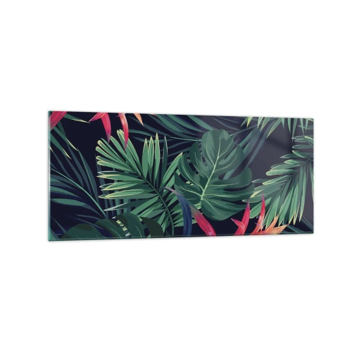 Quadro su vetro - Foglie e fiori tropicali su sfondo scuro - 120x50cm - Fiammante nel verde - Decorazione murale moderna per soggiorno e camera da letto ARTTOR