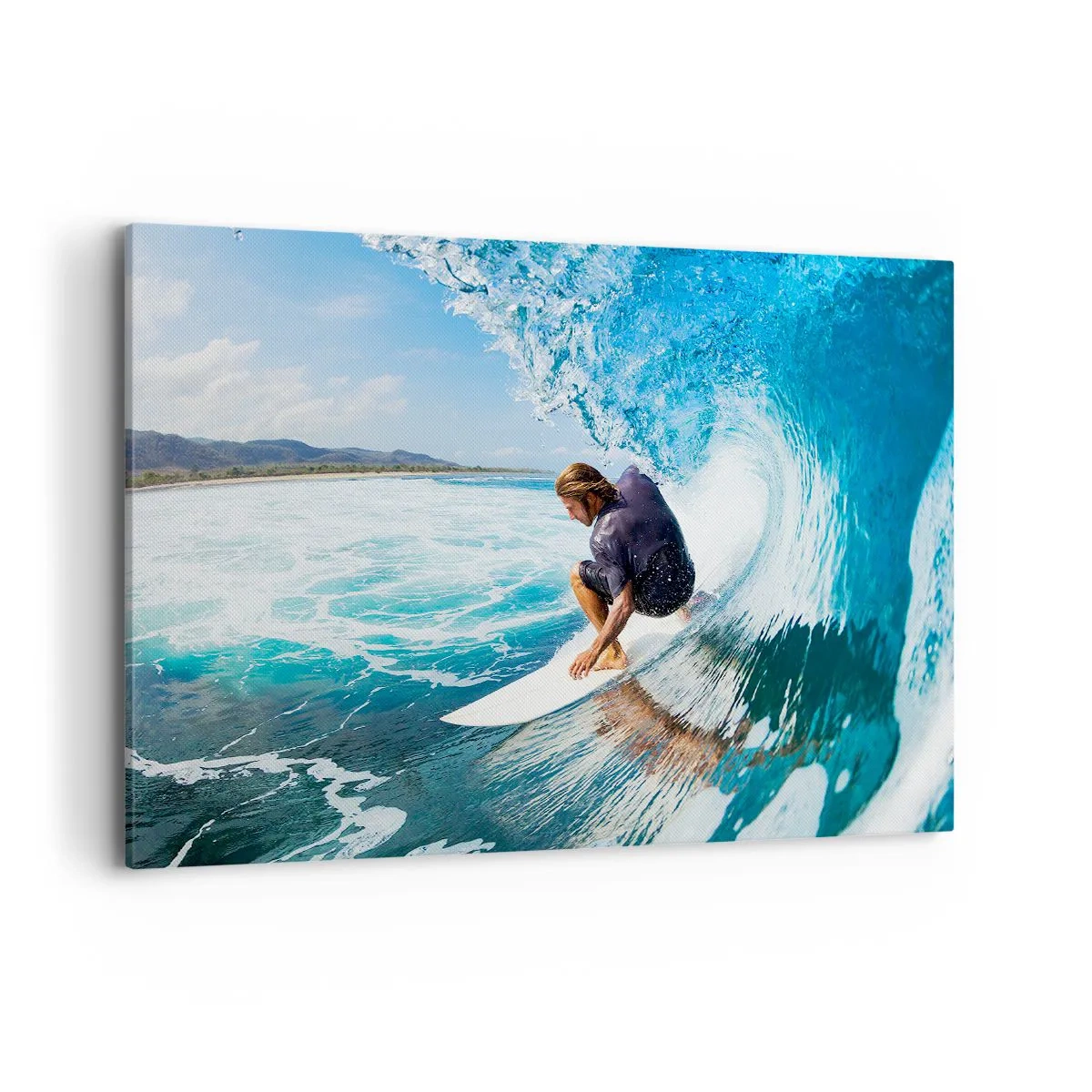 Quadro su tela - Stampe su Tela - Un surfista in posa dinamica su un'onda in acqua turchese. - 100x70cm - Ballando con le onde - Decorazione murale moderna per soggiorno e camera da letto ARTTOR