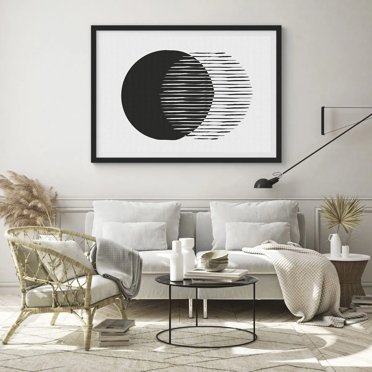 Poster in cornice nera - Due cerchi sovrapposti con linee bianche e nere - 70x50cm - Il suo alter ego - Decorazione murale moderna per soggiorno e camera da letto ARTTOR