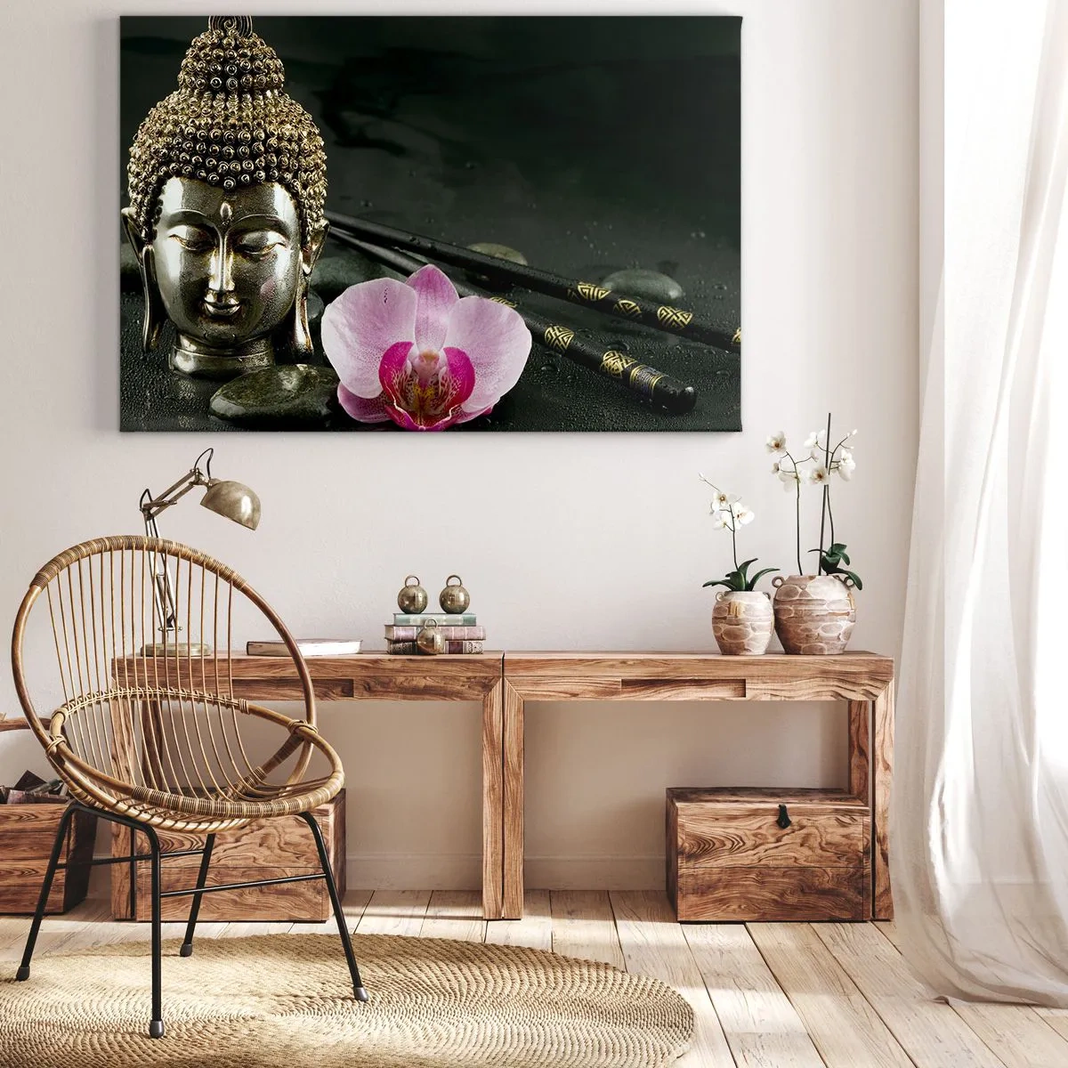 Quadro su tela - Stampe su Tela - Una statuetta di Buddha con un'orchidea e delle bacchette su uno sfondo di pietre - 120x80cm - Armonia di saggezza e bellezza - Decorazione murale moderna per soggiorno e camera da letto ARTTOR