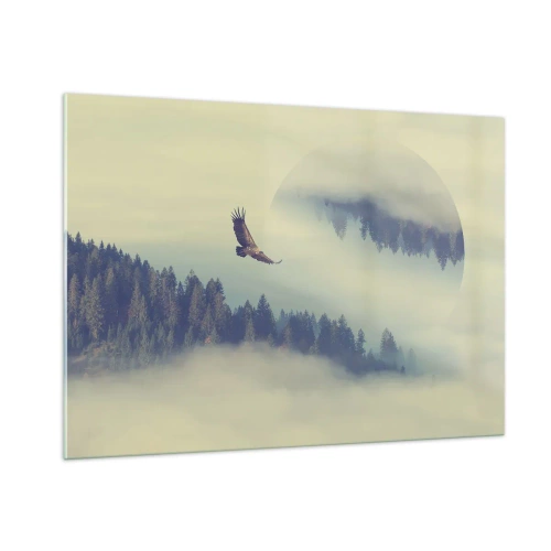 Quadro su vetro - Un'aquila in volo sopra una foresta avvolta nella nebbia con un riflesso surreale. - 100x70cm - Ho visto l'ombra dell'aquila - Decorazione murale moderna per soggiorno e camera da letto ARTTOR