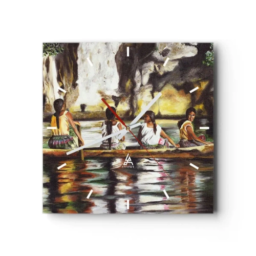 Orologio da parete - Orologio in Vetro - Donne in barca su un fiume calmo con uno sfondo pittoresco - 30x30cm - Nel paradiso della Polinesia - Decorazione murale moderna per soggiorno e camera da letto ARTTOR