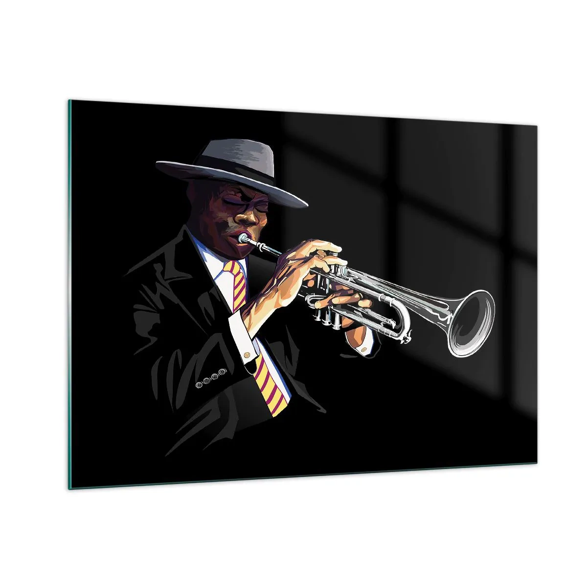 Quadro su vetro - Un musicista nero con una tromba e un cappello su uno sfondo nero - 100x70cm - Il fascino della Old School - Decorazione murale moderna per soggiorno e camera da letto ARTTOR