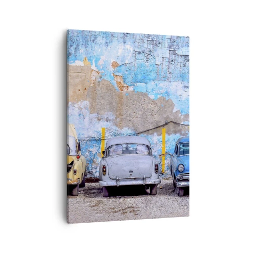 Quadro su tela - Stampe su Tela - Vecchie auto sullo sfondo di un muro distrutto - 50x70cm - L'incontro dei veterani - Decorazione murale moderna per soggiorno e camera da letto ARTTOR