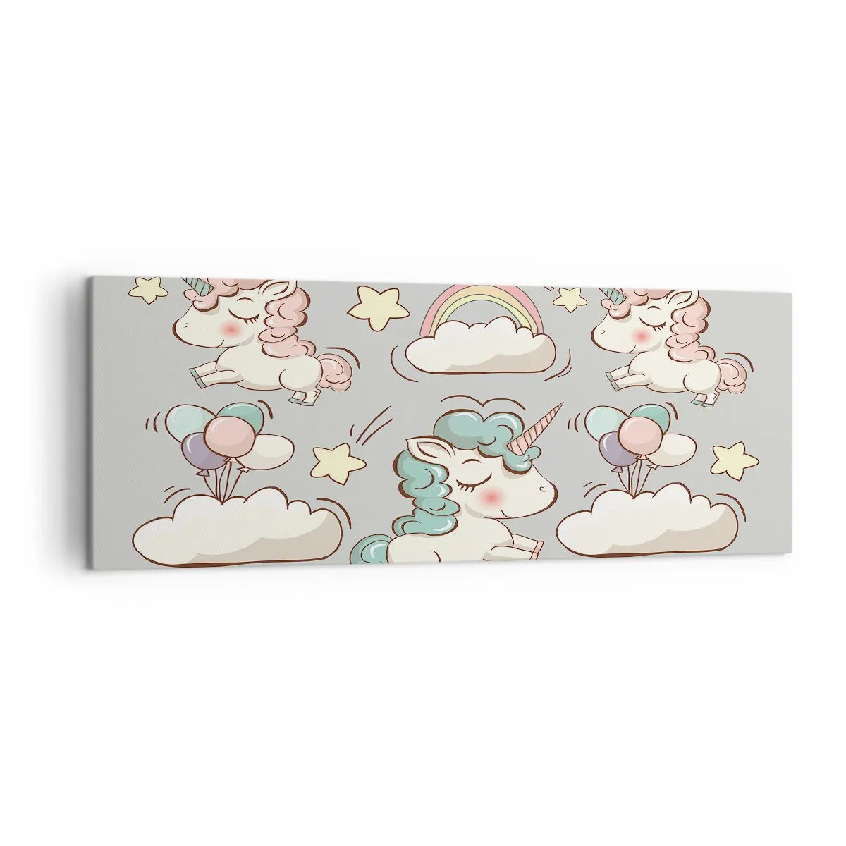 Quadro su tela - Stampe su Tela - Simpatici unicorni su sfondo pastello - 140x50cm - Sicuramente esistono… - Decorazione murale moderna per soggiorno e camera da letto ARTTOR