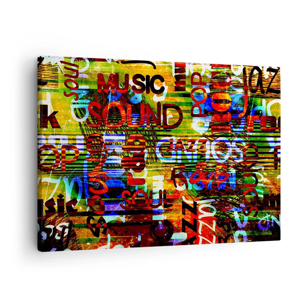 Quadro su tela - Stampe su Tela - Astrazione colorata con iscrizioni musicali in stile pop art - 70x50cm - Tutti i colori del suono - Decorazione murale moderna per soggiorno e camera da letto ARTTOR