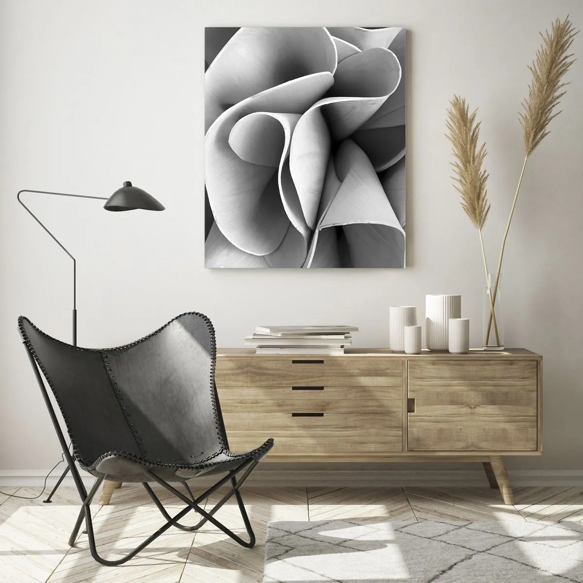 Quadro su vetro - Primo piano in bianco e nero di forme a spirale astratte - 50x70cm - Avviene nello spazio - Decorazione murale moderna per soggiorno e camera da letto ARTTOR