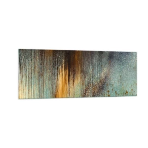 Quadro su vetro - Una composizione astratta di colori nelle tonalità dell'oro, del marrone e del blu. - 140x50cm - Composizione cromatica non casuale - Decorazione murale moderna per soggiorno e camera da letto ARTTOR