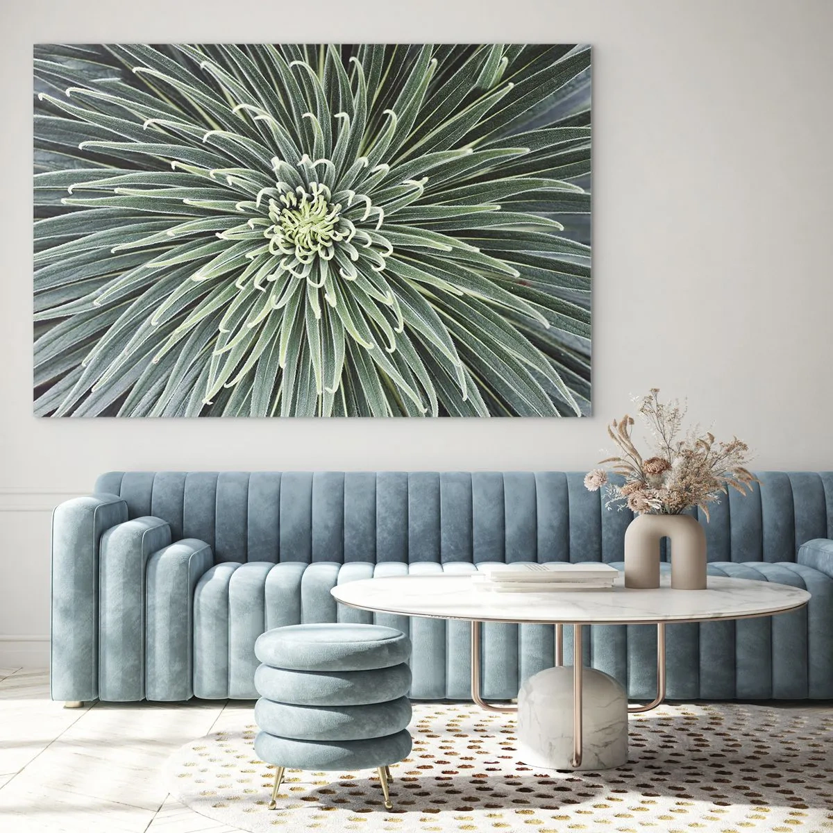 Quadro su vetro - Rosetta simmetrica di foglie verdi in macrofotografia - 120x80cm - La nascita delle stelle - Decorazione murale moderna per soggiorno e camera da letto ARTTOR