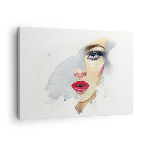 Quadro su tela - Stampe su Tela - Ritratto ad acquerello di una donna dallo sguardo intenso. - 70x50cm - Riflesso in una goccia d'acqua - Decorazione murale moderna per soggiorno e camera da letto ARTTOR