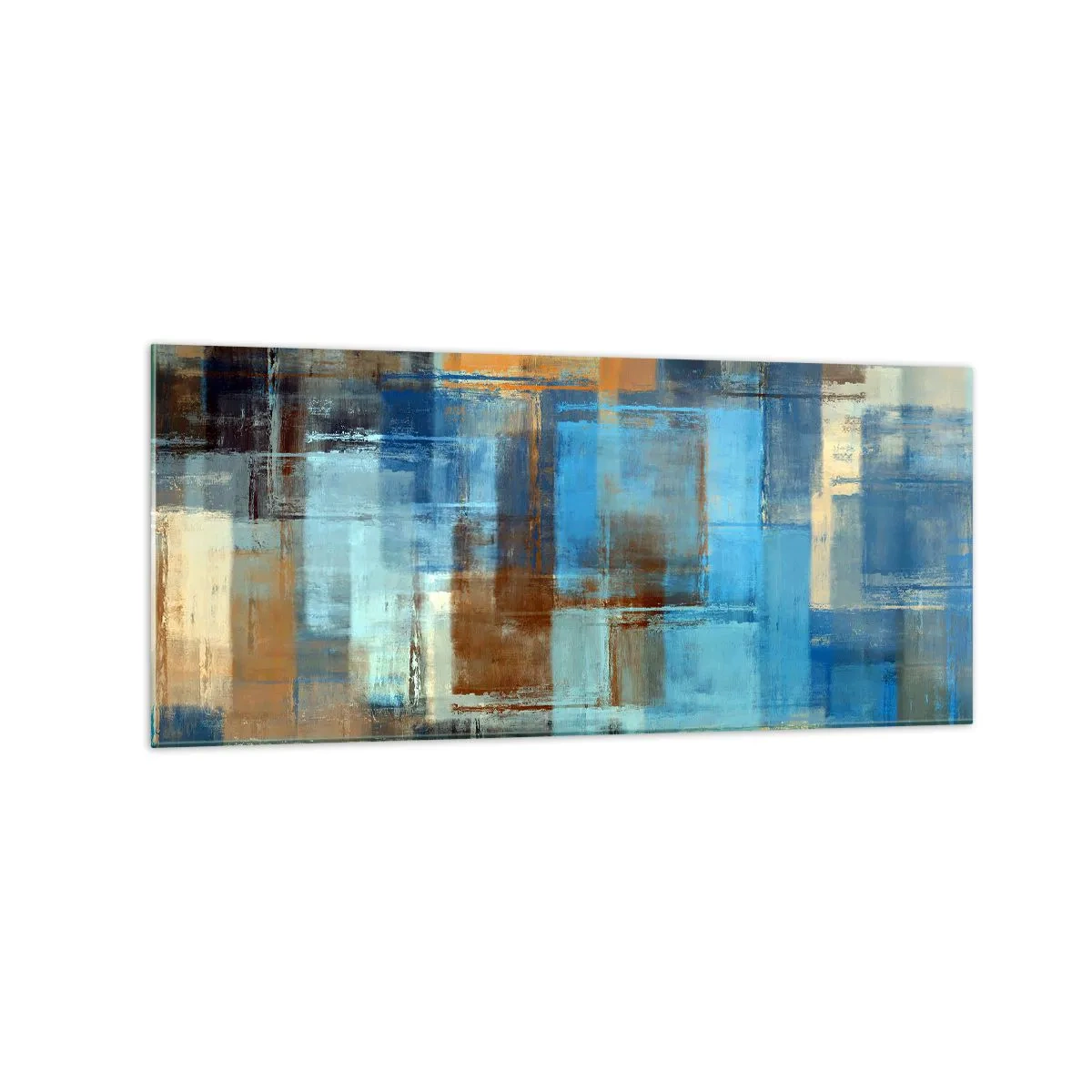 Quadro su vetro - Composizione geometrica astratta nei toni del blu e del marrone - 120x50cm - Attraverso la tenda blu - Decorazione murale moderna per soggiorno e camera da letto ARTTOR
