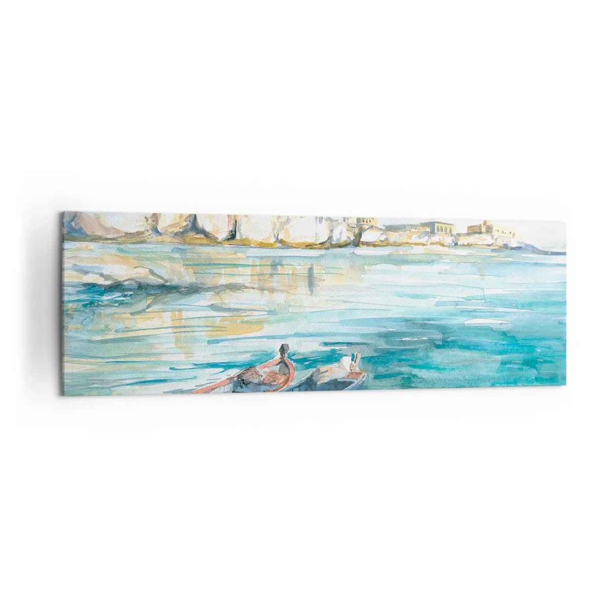 Quadro su tela - Stampe su Tela - Un pittoresco paesaggio costiero con barche sull'acqua - 160x50cm - Paesaggio in azzurro - Decorazione murale moderna per soggiorno e camera da letto ARTTOR