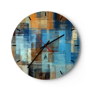 Orologio da parete - Orologio in Vetro - Rettangoli astratti nelle tonalità del blu e del marrone - 30x30cm - Attraverso la tenda blu - Decorazione murale moderna per soggiorno, cucina e camera da letto ARTTOR