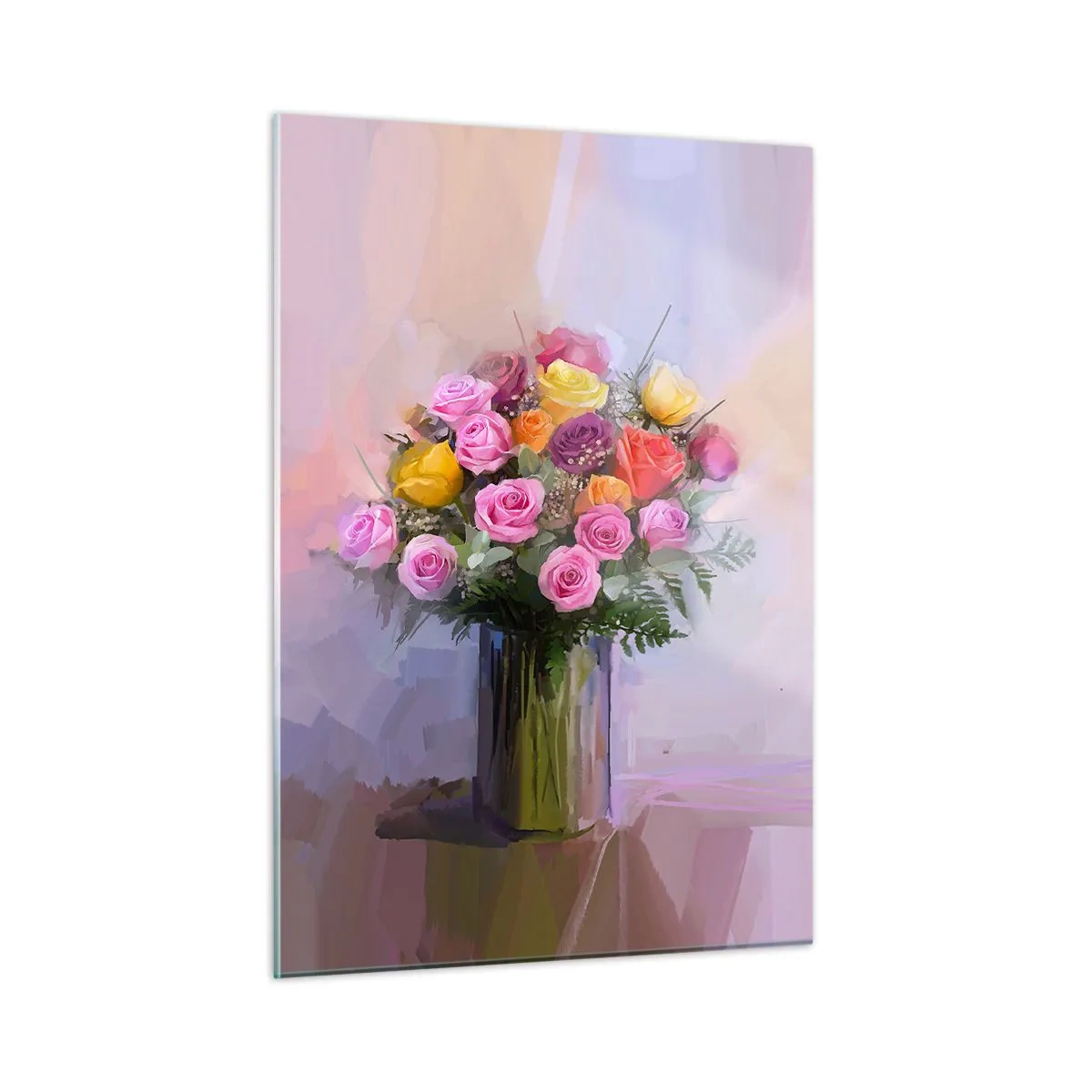 Quadro su vetro - Un mazzo di rose in un vaso di vetro su uno sfondo pastello - 50x70cm - Bellezza immobile - Decorazione murale moderna per soggiorno e camera da letto ARTTOR