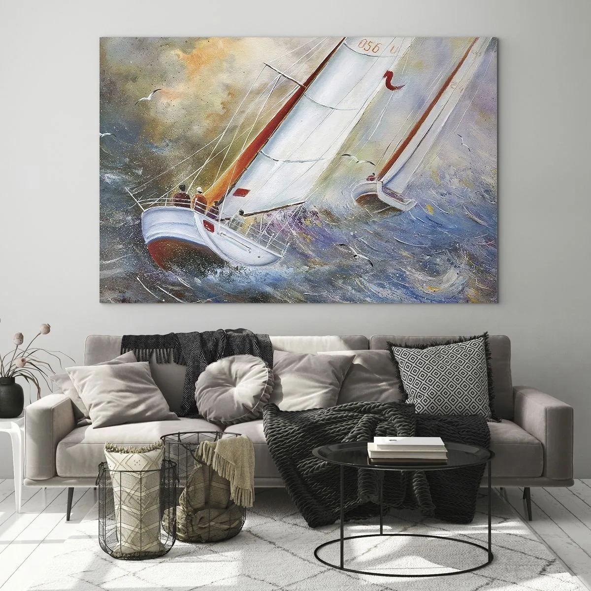 Quadro su vetro - Barche a vela in mare agitato durante una regata - 120x80cm - Correndo sulle onde - Decorazione murale moderna per soggiorno e camera da letto ARTTOR