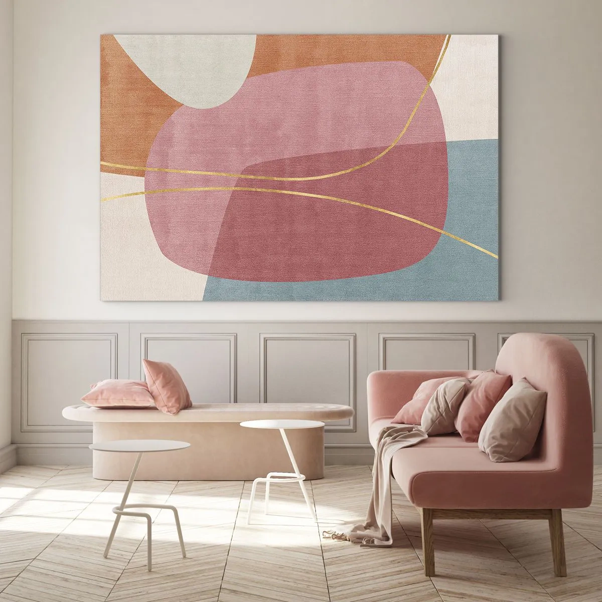 Quadro su vetro - Forme pastello con linee dorate intersecanti - 120x80cm - Composizione pastello con filo dorato - Decorazione murale moderna per soggiorno e camera da letto ARTTOR