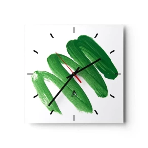 Orologio da parete - Orologio in Vetro - Pennellata astratta verde su sfondo bianco - 30x30cm - Scherzo verde - Decorazione murale moderna per soggiorno e camera da letto ARTTOR