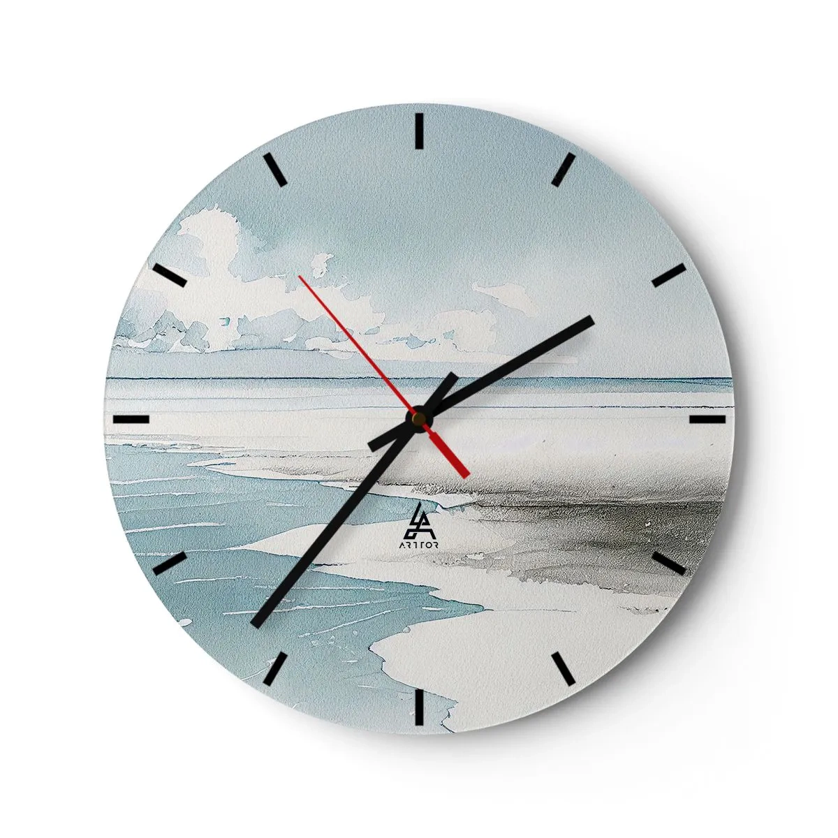Orologio da parete - Orologio in Vetro - Un'ampia spiaggia e il mare in un tranquillo dipinto ad acquerello pastello - 30x30cm - Marea dolce - Decorazione murale moderna per soggiorno, cucina e camera da letto ARTTOR