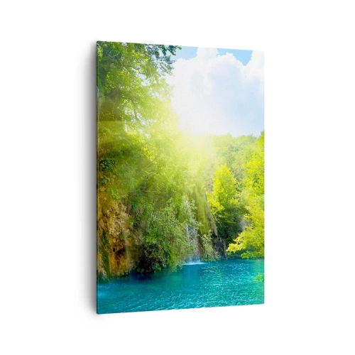 Quadro su tela - Stampe su Tela - Una cascata che sfocia in un lago turchese circondato dal verde - 70x100cm - Così deve essere il paradiso - Decorazione murale moderna per soggiorno e camera da letto ARTTOR