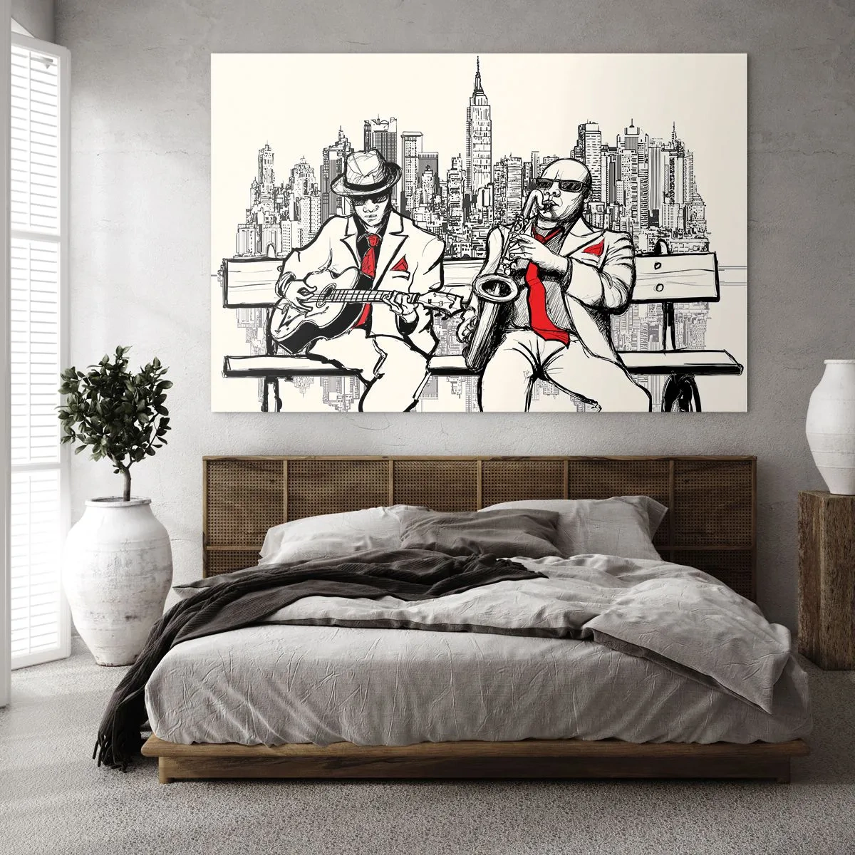 Quadro su vetro - Due musicisti jazz suonano sullo sfondo dello skyline della città - 70x50cm - Improvvisare a New York - Decorazione murale moderna per soggiorno e camera da letto ARTTOR