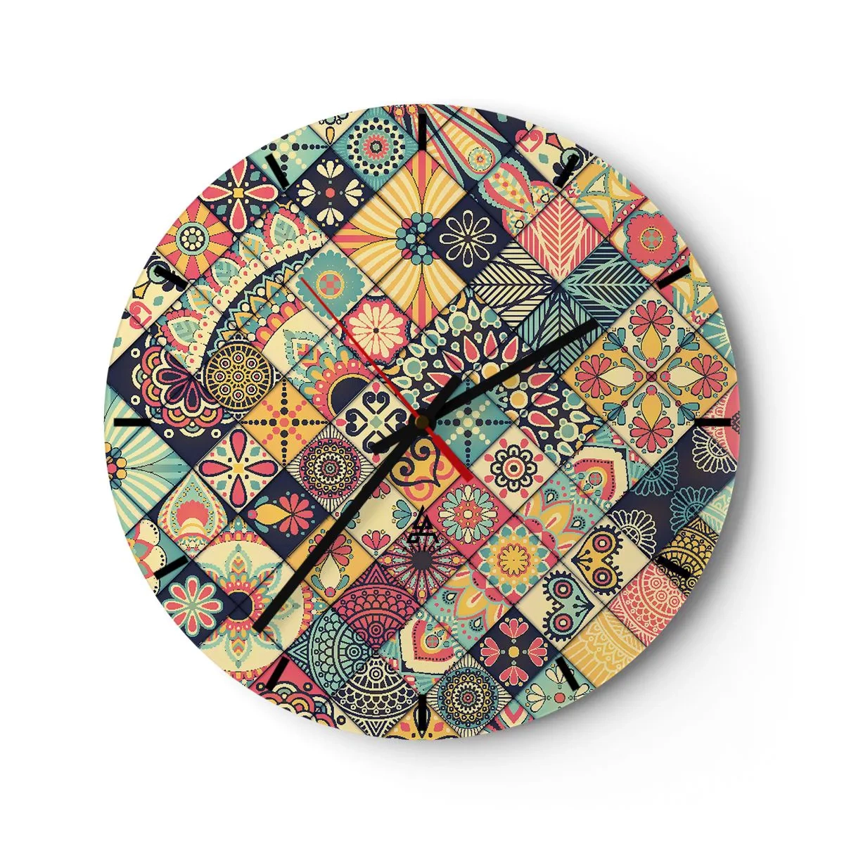 Orologio da parete - Orologio in Vetro - Motivo patchwork colorato con motivi geometrici - 30x30cm - L'atmosfera del Marocco - Decorazione murale moderna per soggiorno, cucina e camera da letto ARTTOR