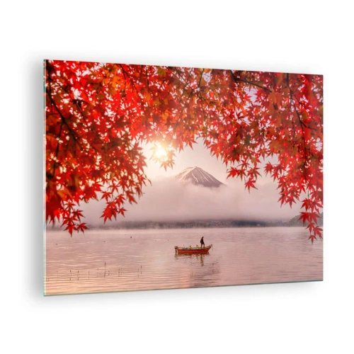 Quadro su vetro - Monte Fuji con una barca su un lago circondato da foglie rosse - 70x50cm - Nell'atmosfera del Giappone - Decorazione murale moderna per soggiorno e camera da letto ARTTOR