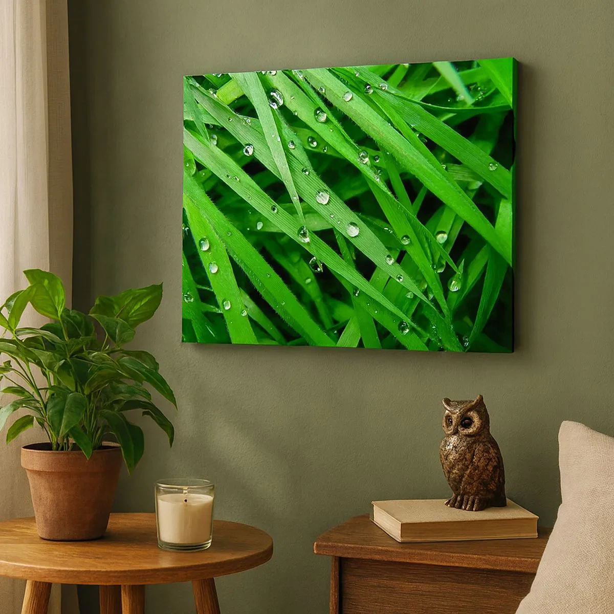 Quadro su tela - Stampe su Tela - Primo piano di fili d'erba verdi con gocce di rugiada - 70x50cm - Giocando con il verde - Decorazione murale moderna per soggiorno e camera da letto ARTTOR