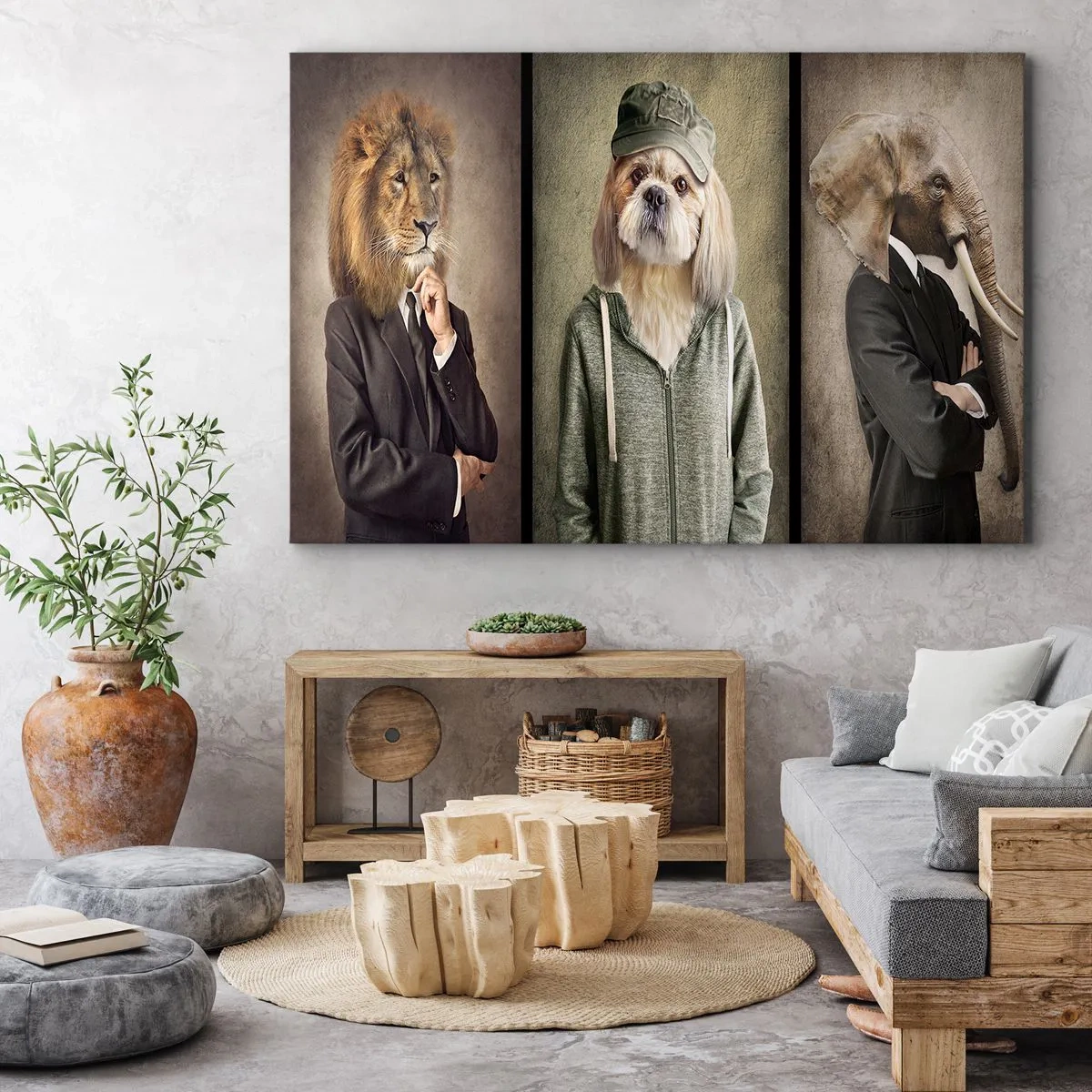 Quadro su tela - Stampe su Tela - Ritratti stilizzati di un leone, un cane e un elefante in abiti eleganti - 100x70cm - Preferisco casual - Decorazione murale moderna per soggiorno e camera da letto ARTTOR