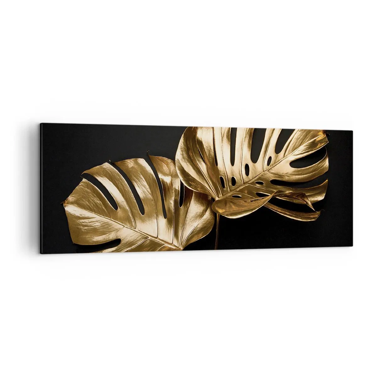 Quadro su tela - Stampe su Tela - Foglie di monstera dorate su sfondo nero - 140x50cm - I tesori della natura - Decorazione murale moderna per soggiorno e camera da letto ARTTOR