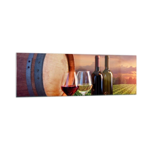 Quadro su vetro - Vino, bicchieri e una botte in un paesaggio pittoresco - 160x50cm - Qui la vita ha gusto - Decorazione murale moderna per soggiorno e camera da letto ARTTOR