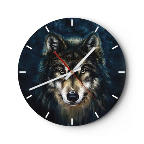 Orologio da parete - Orologio in Vetro - Ritratto di un lupo contro un cielo notturno blu scuro - 30x30cm - Alfa? E omega - Decorazione murale moderna per soggiorno, cucina e camera da letto ARTTOR