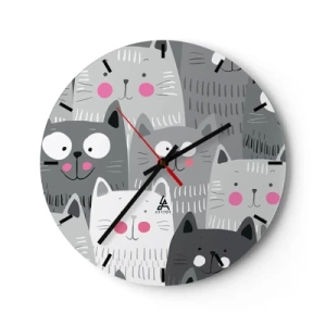 Orologio da parete - Orologio in Vetro - Gatti grigi e bianchi in stile illustrativo - 30x30cm - Il mondo dei gatti - Decorazione murale moderna per soggiorno, cucina e camera da letto ARTTOR