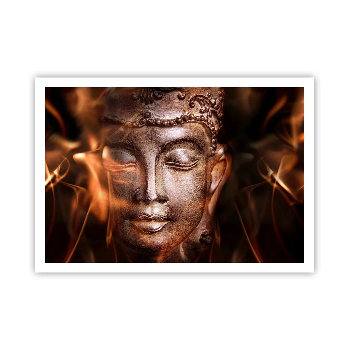Poster - Una statua del Buddha tra fiamme dai riflessi dorati - 100x70cm - Esiste solo qui e ora - Decorazione murale moderna per soggiorno e camera da letto ARTTOR