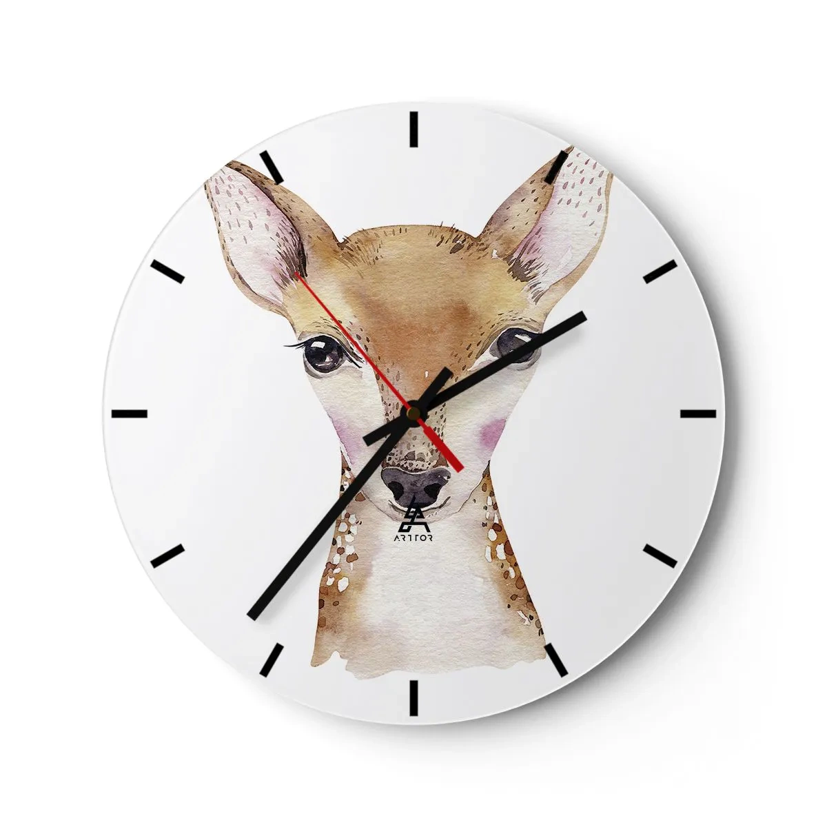 Orologio da parete - Orologio in Vetro - Illustrazione ad acquerello di un capriolo su sfondo bianco - 30x30cm - La natura dell'innocenza - Decorazione murale moderna per soggiorno, cucina e camera da letto ARTTOR